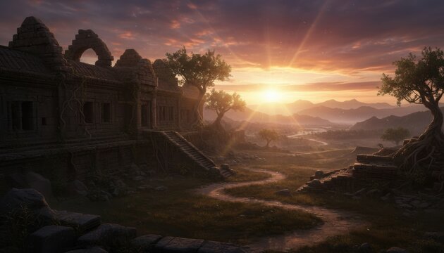 Ancient overgrown temple ruins are dramatically illuminated by the brilliant setting sun, overlooking a winding river valley and distant mountains - Powered by Adobe
