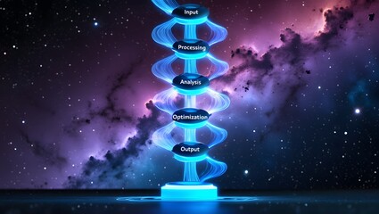 Futuristic data process flow diagram depicting key stages against a stunning cosmic backdrop