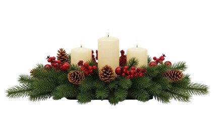 Christmas centerpiece with candles PNG isolated on transparent background, holiday decoration with pine cones and red berries for festive design