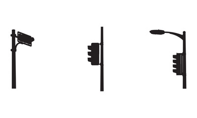 Traffic Lights and Street Lamp Silhouettes Set Urban Street Elements