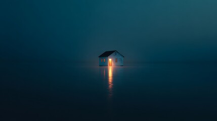 Rocket launching above calm ocean at dusk.