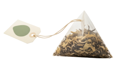 Pyramid tea bag with green tea isolated PNG, herbal beverage in transparent bag on transparent background for healthy lifestyle