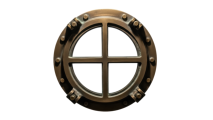 Bronze porthole window isolated PNG, nautical ship window with crossbars on transparent background, vintage maritime element
