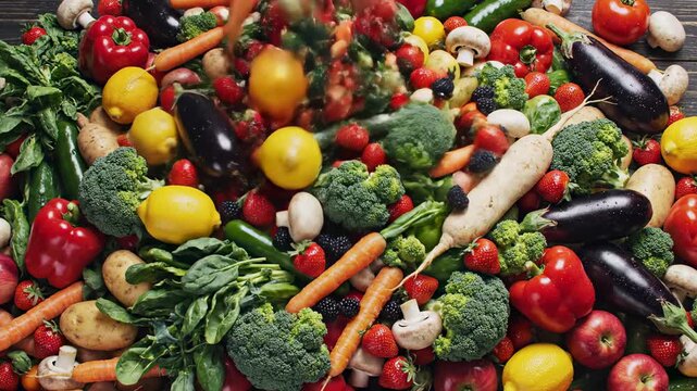 Abstract top down shot of bright multicolored vegetables and fruits rapidly falling onto a dark wooden background creating a vibrant, seamless loop clean eating, design element, geometric