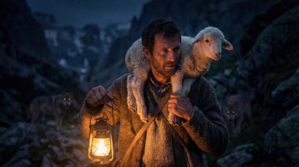 Biblical shepherd carrying a lost sheep on his shoulders at night with a lantern, protecting it from wolves. Christian faith concept of the Good Shepherd, salvation and divine protection.