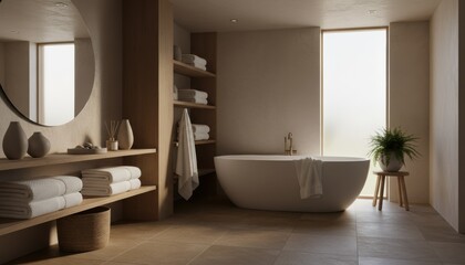 Fototapeta premium A tranquil spa inspired bathroom with a sculptural bathtub warm wood shelves and soft daylight expresses restoration mindful pause and soothing stillness