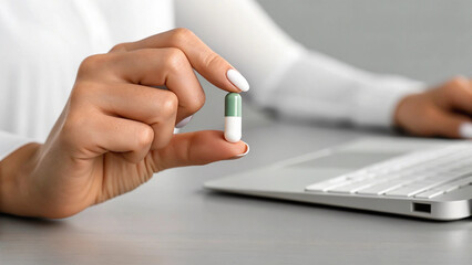 A close-up shot of a woman's hand holding a single capsule, with a laptop keyboard in the background, suggesting themes of health and technology