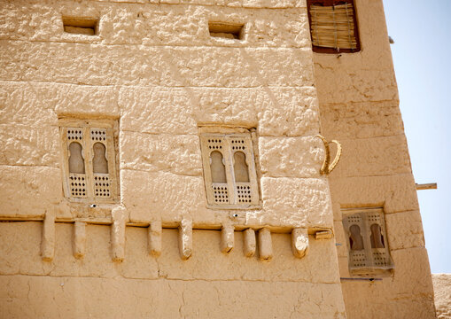 Ibex horns on the wall of a traditional house, Hadhramaut, Khaila, Yemen