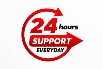 Red 24 hours support everyday icon with arrow symbolizing continuous service and customer assistance