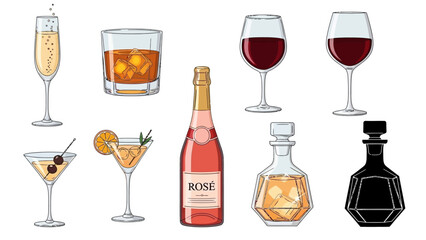 Elegant Drinks: A collection of exquisite beverages, each served in its perfect vessel, captures the essence of refined indulgence, from sparkling champagne to rich red wine.