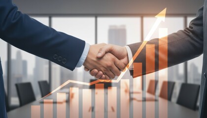 Business people handshake with ascending orange bar graph and upward arrow overlay signifying successful agreement partnership and financial growth in corporate setting