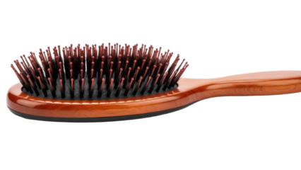 Wooden hair brush with bristles isolated PNG, grooming tool for hair care and styling on transparent background
