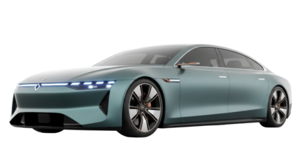 Sleek green electric car PNG isolated on transparent background, modern automotive design for eco-friendly transportation and future mobility