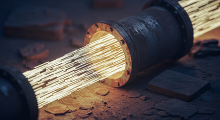 The image showcases a close-up of a high-tech fiber optic cable carrying vast amounts of data, illuminated with bright, energetic light that symbolizes the flow of information.