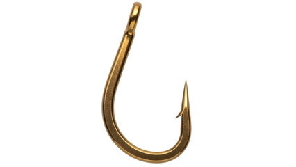 Gold fishing hook PNG isolated on transparent background, sharp angling equipment for catching fish and outdoor recreation