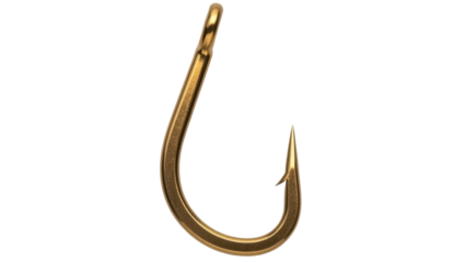 Gold fishing hook PNG isolated on transparent background, sharp angling equipment for catching fish and outdoor recreation