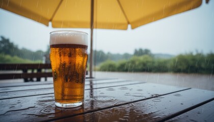 Cold condensation beads form on a glass of golden beer sitting on a wet, wooden picnic table outside beneath a yellow umbrella as rain falls gently in the background