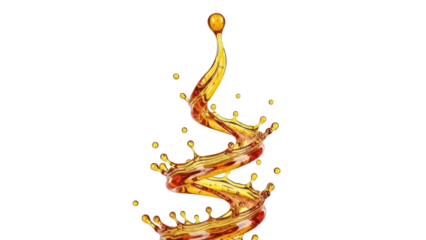 Dynamic honey splash isolated PNG on transparent background, golden liquid swirl with droplets for food and beverage design