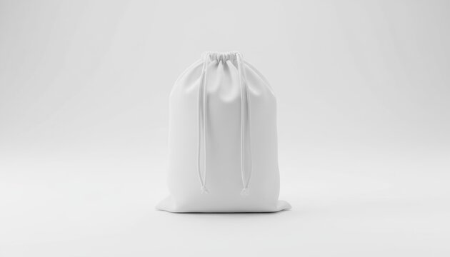 Simple, pristine white drawstring cloth bag is centered on a pure white background, showcasing the soft fabric texture and the tightly cinched top with visible strings
