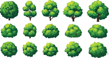 A collection of pixel art trees in various shapes on transparent background