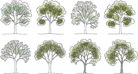 Collection of diverse tree silhouettes in varying shapes on transparent background