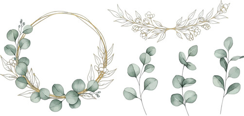 Watercolor eucalyptus leaves and floral wreath elements on transparent background