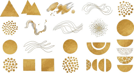 Golden abstract shapes and brushstrokes collection with various textures on transparent background