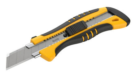 Yellow and black utility knife isolated PNG, box cutter with retractable blade for cutting cardboard and packaging on transparent background