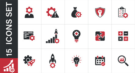 Business and technology icons for strategy, growth, and development. Including growth, success, 
finance, planning, innovation, idea, startup, project, management, development, progress, analysis