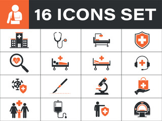 Modern medical and healthcare icon set. Including healthcare icon, hospital, clinic, stethoscope, 
patient, bed, research, microscope, scalpel, surgery