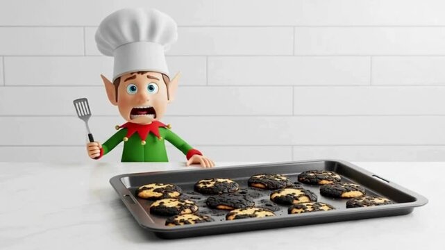 Surprised christmas elf chef holding spatula looking at burnt cookies on baking sheet in kitchen