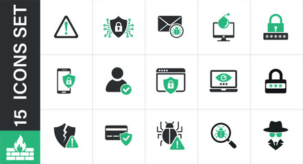 Digital cybersecurity icons set for internet security & protection. Cybersecurity and digital 
protection icons set