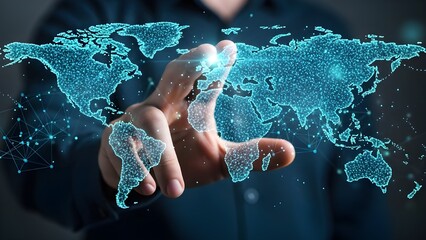 A hand interacting with a glowing digital world map, symbolizing global connectivity, technology, and data networks across countries and continents.
