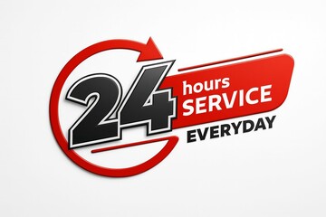 24 hours service everyday emblem with red circle and arrow indicating continuous availability