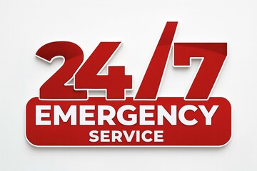 Bold red 24 7 emergency service sign with white text indicating constant availability for urgent needs