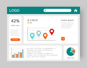 Obraz premium Graph UI. Computer display. Infographic report. Office data infochart with histogram and profit diagram. Text frames. Website interface. Business economy information. Vector web browser design layout