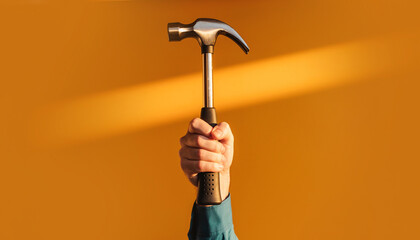 Action of Gripping a Hammer, Hand in Focus, Vibrant Orange Background, Photo, Upward View, Empowerment Concept