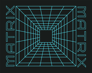 Fototapeta na wymiar Grid element. Waveform at display. Matrix perspective hole. Tech square mesh lines. Geometric tunnel. Retrowave room. Neon futuristic 3D net. Digital technology for cyberspace. Vector cyber banner