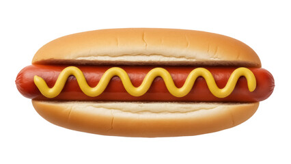 Delicious hot dog with mustard isolated PNG, classic American fast food with sausage in a bun on transparent background for menu design