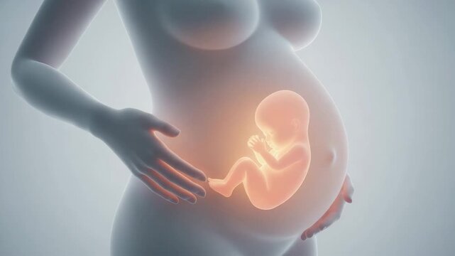3D pregnant figure bally inside glowing fetus, Digital Womb with Virtual Fetus in warm orange light