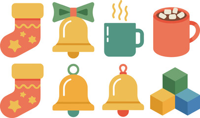 Christmas holiday icon set with bells, stockings, hot drinks, gift boxes, cozy winter elements, flat minimalist seasonal illustration