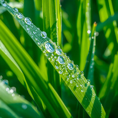 Naklejka premium Fresh Green Leaves with Morning Dew Drops