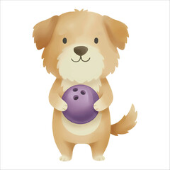 Cute watercolor dog holding bowling ball vector on white background
