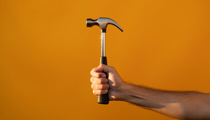 Hand Holding Hammer Against Solid Orange Background - Close-Up Action, DIY Tools, Lifestyle Image