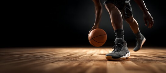 A basketball player dribbles powerfully down the hardwood court during practice