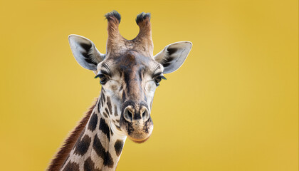Obraz premium Close-up view of a giraffe with a yellow background showing details of its face and ears in a wildlife setting