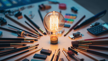 Creative workspace with light bulb and various tools for art and design activities in a home office setting