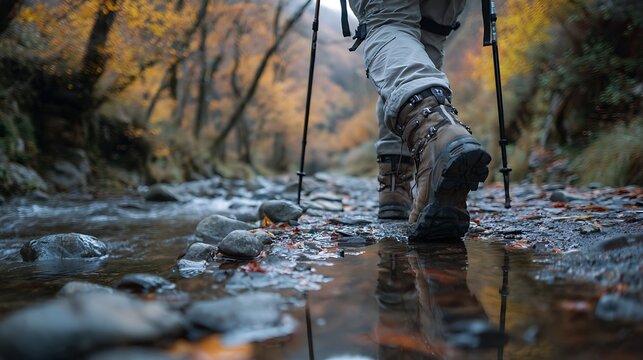 A hiker s boots crossing a shallow stream in an autumn forest landscape - Powered by Adobe