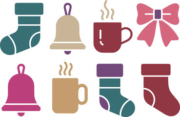 Christmas holiday icon set with bells, stockings, hot drinks, gift boxes, cozy winter elements, flat minimalist seasonal illustration