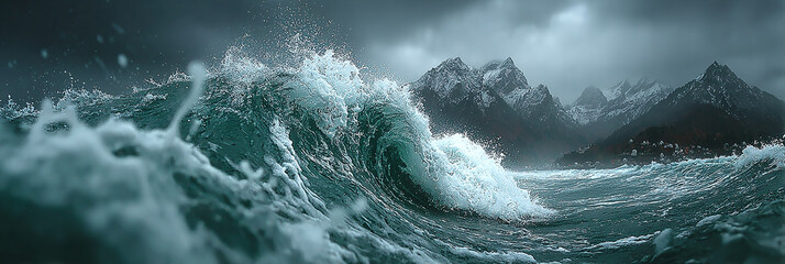 Epic ocean storm with massive waves crashing against rugged mountains under a dramatic, dark sky